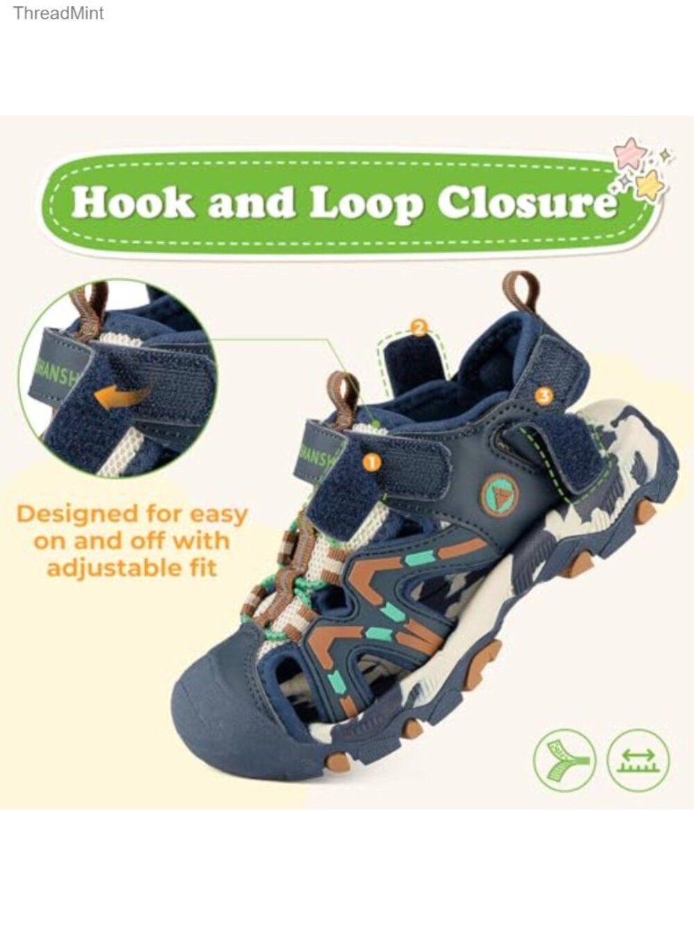 Kids Closed Toe Athletic Sport Sandals | Hook & Loop Adjustable | Quick-Dry PU - Picture 4 of 6